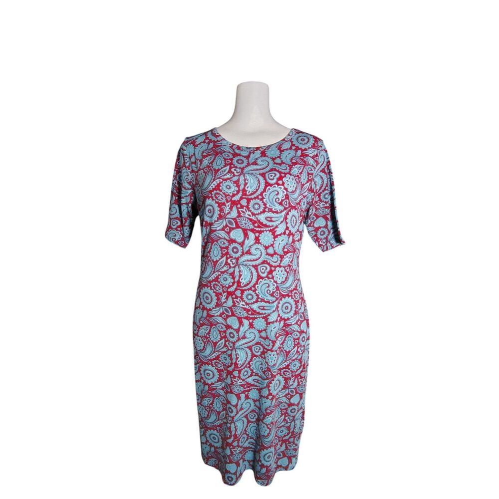 LULAROE Julia Sheath Dress Womens Red Blue Size Medium Semi Fitted Paisley 00036